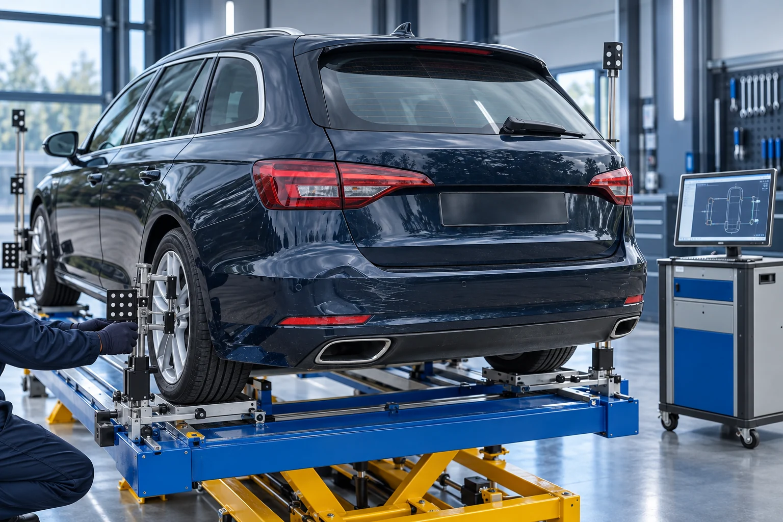 KI-Symbolbild: Derselbe dunkelblaue Kombi auf einer professionellen Vermessungsplattform